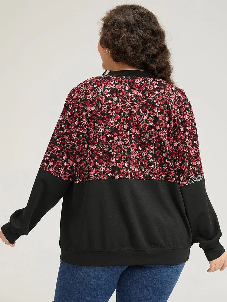 Ditsy Floral Patchwork Zipper Elastic Cuffs Jacket - Image 2