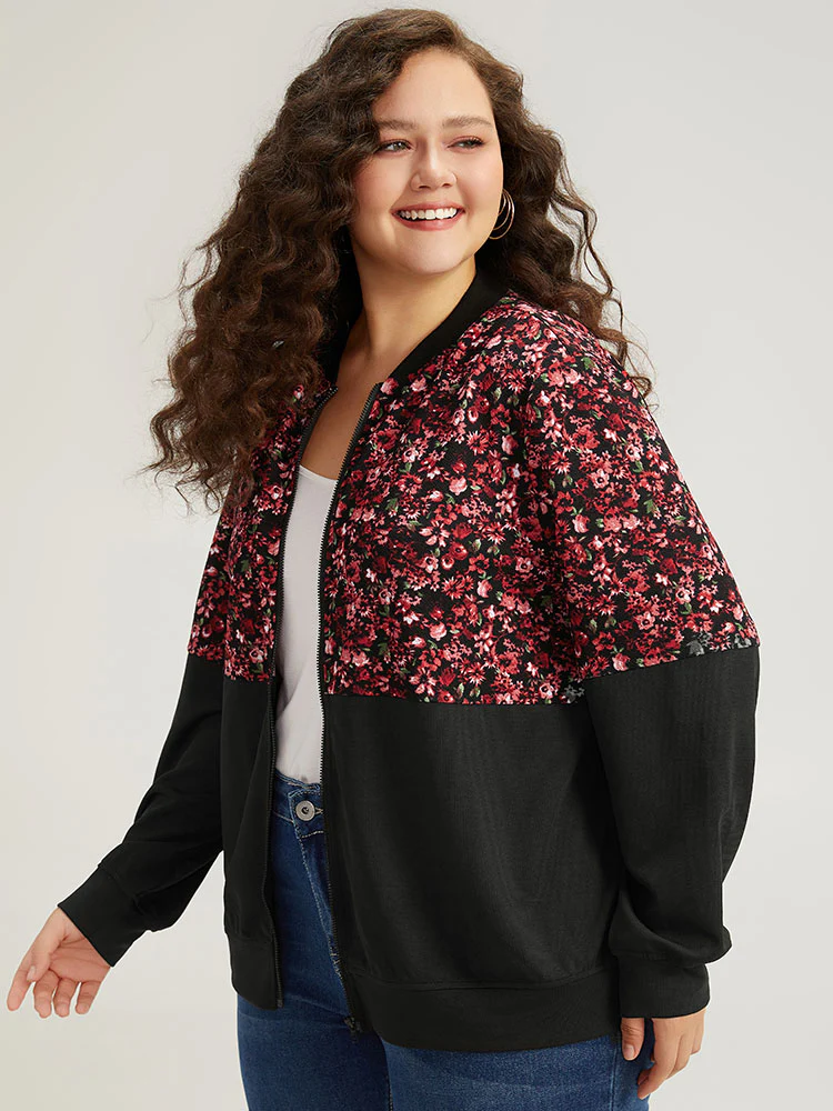 Ditsy Floral Patchwork Zipper Elastic Cuffs Jacket - Image 3