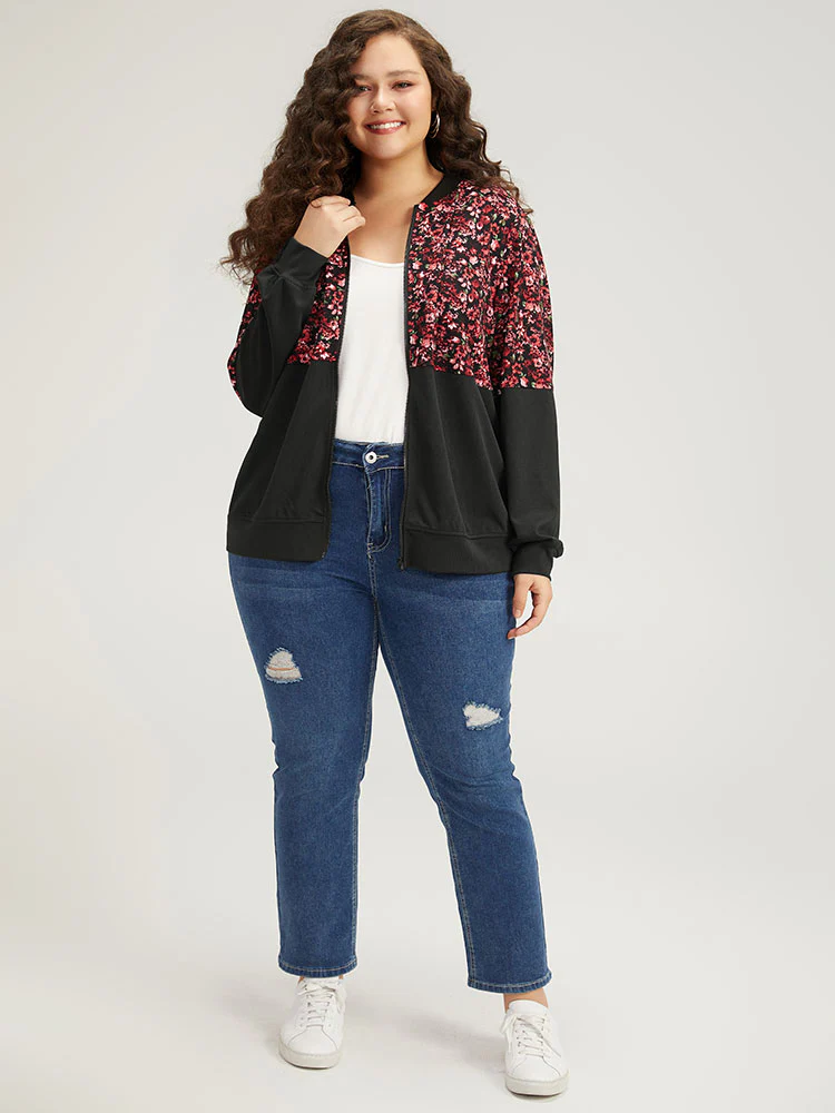 Ditsy Floral Patchwork Zipper Elastic Cuffs Jacket - Image 4