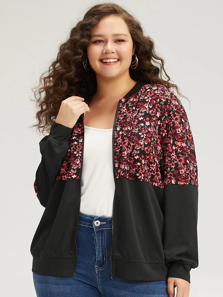 Ditsy Floral Patchwork Zipper Elastic Cuffs Jacket - Image 5