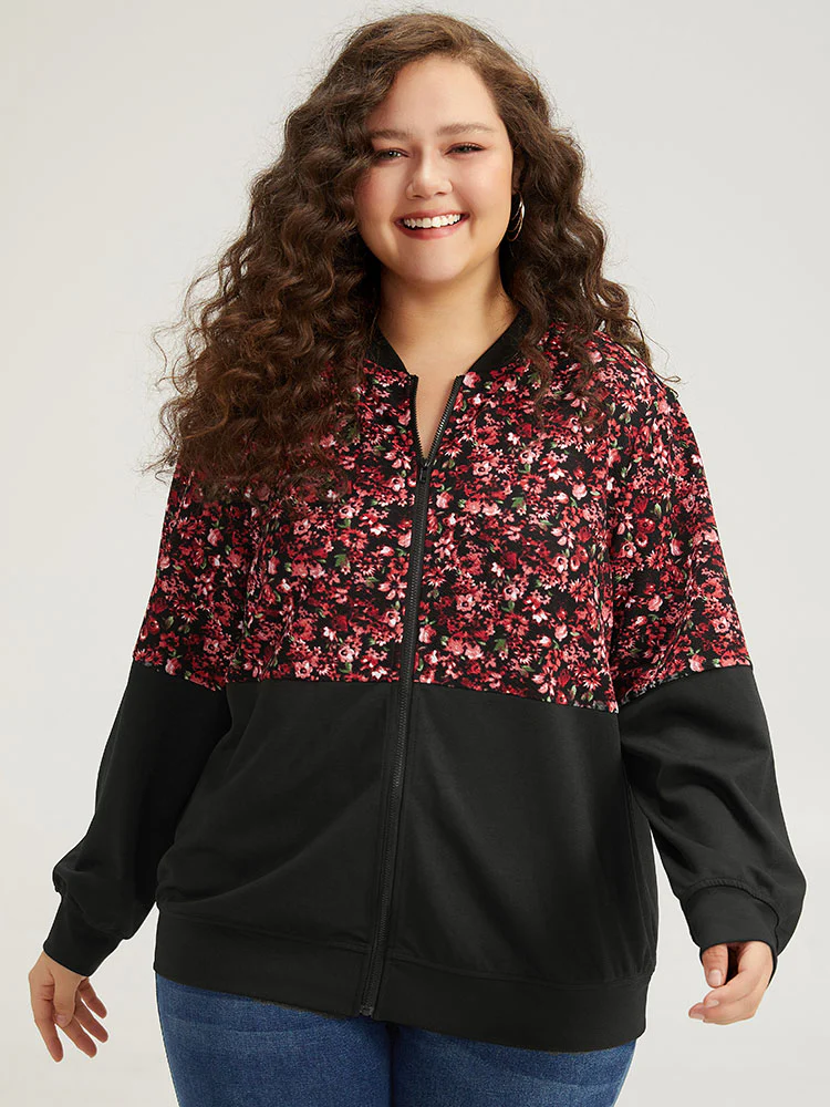Ditsy Floral Patchwork Zipper Elastic Cuffs Jacket - Image 6