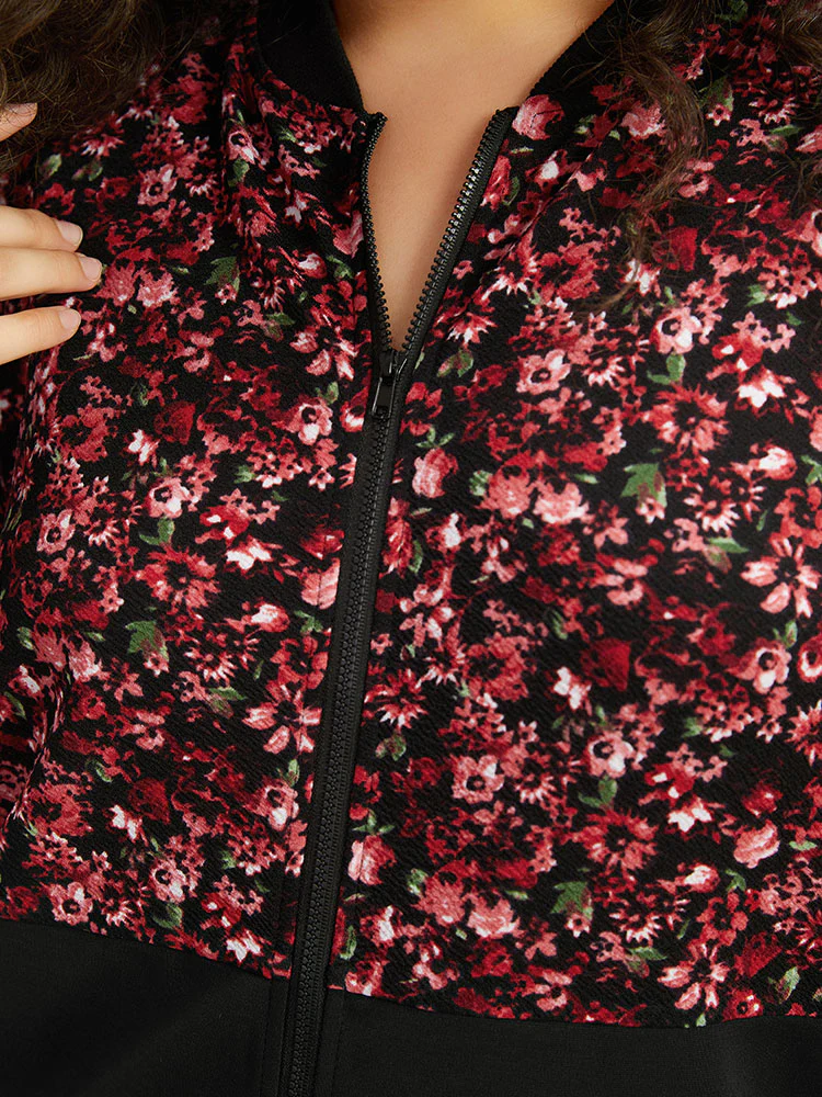 Ditsy Floral Patchwork Zipper Elastic Cuffs Jacket - Image 7
