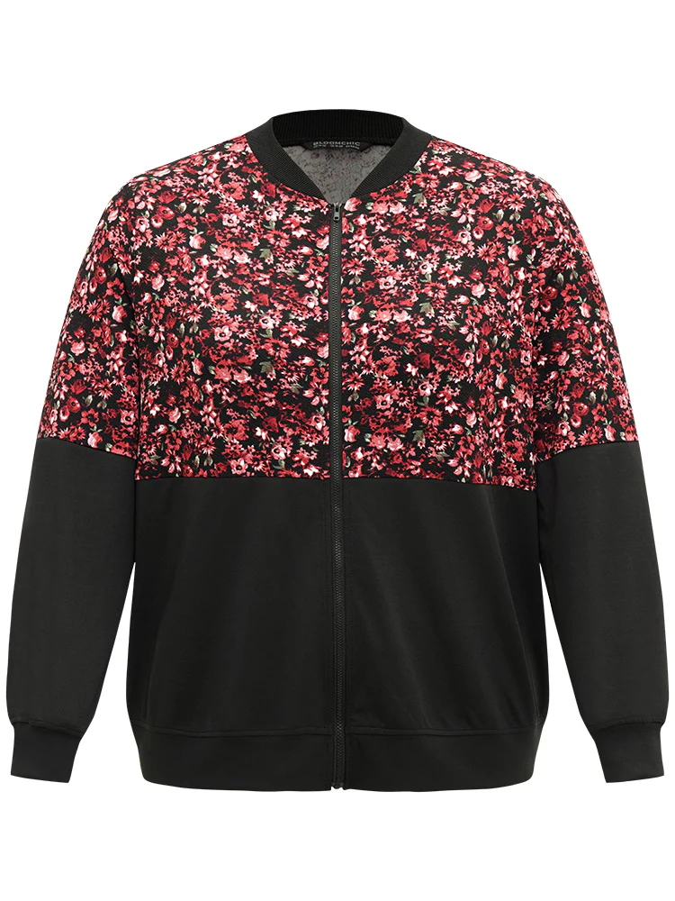 Ditsy Floral Patchwork Zipper Elastic Cuffs Jacket - Image 8