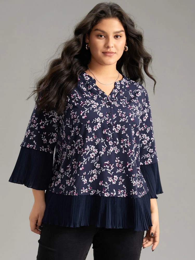 Ditsy Floral Pleated Cuffs Patchwork Blouse