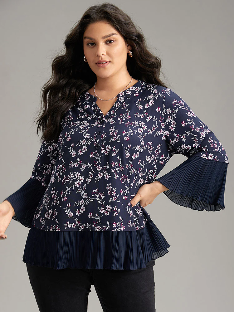 Ditsy Floral Pleated Cuffs Patchwork Blouse - Image 2