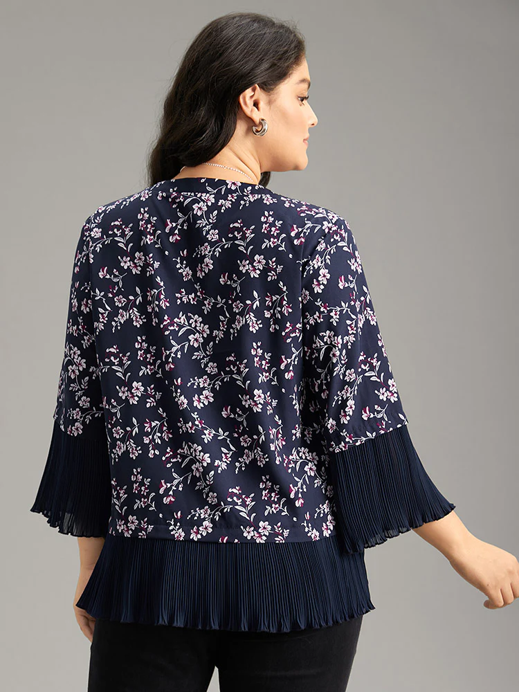Ditsy Floral Pleated Cuffs Patchwork Blouse - Image 3