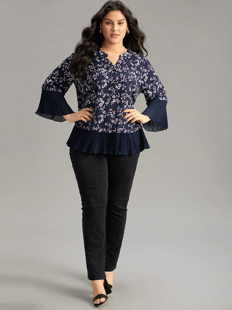 Ditsy Floral Pleated Cuffs Patchwork Blouse - Image 4