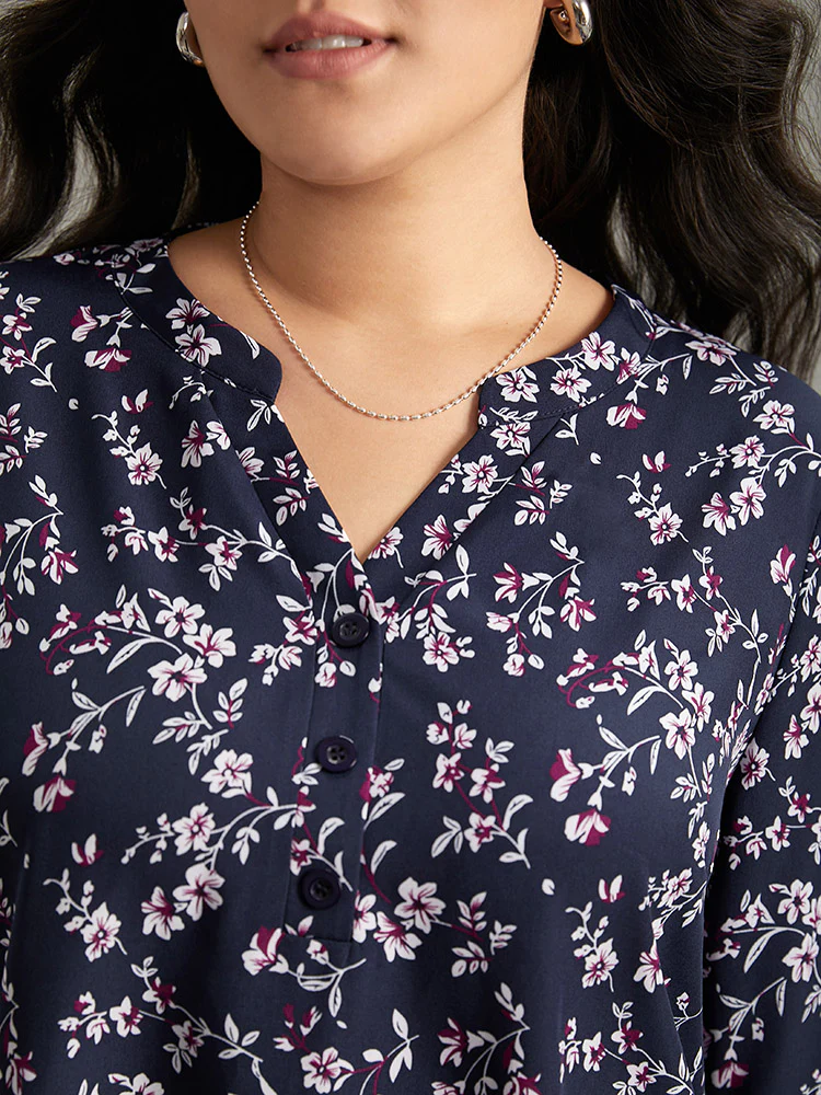 Ditsy Floral Pleated Cuffs Patchwork Blouse - Image 5