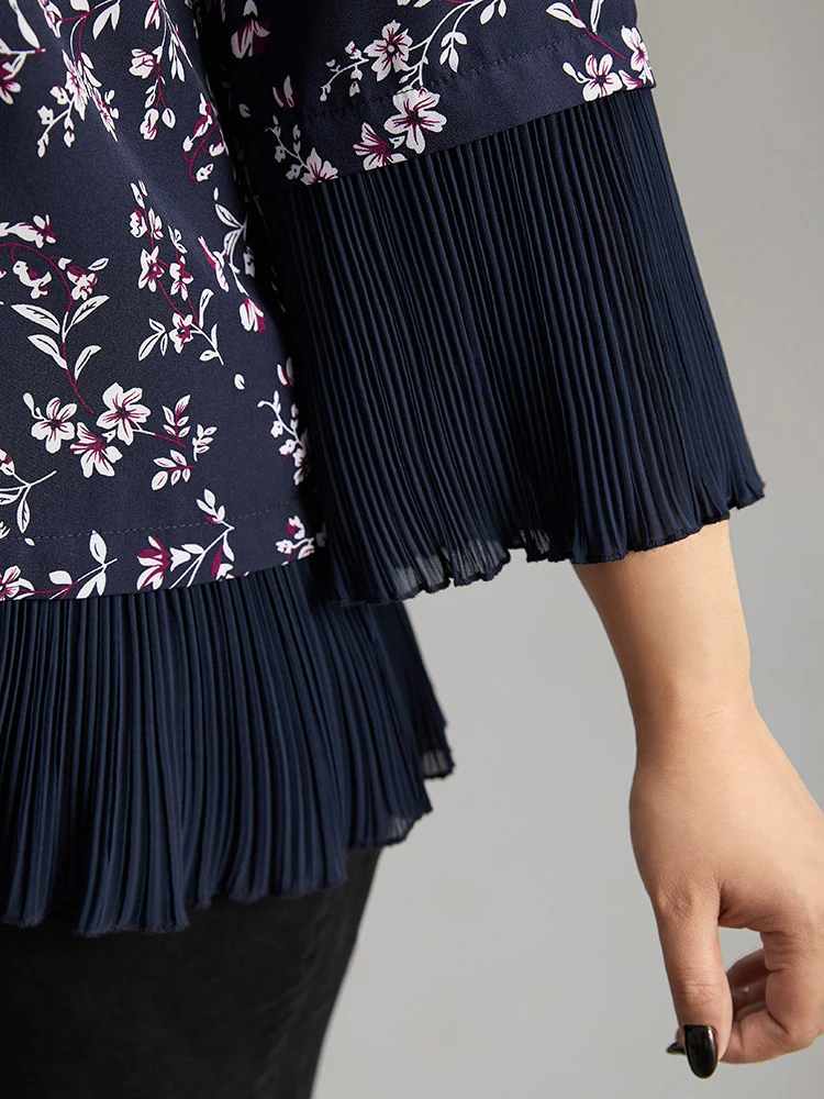 Ditsy Floral Pleated Cuffs Patchwork Blouse - Image 6