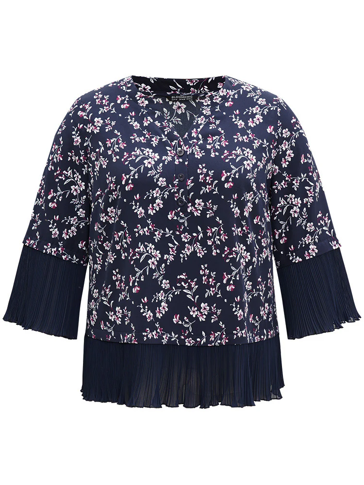 Ditsy Floral Pleated Cuffs Patchwork Blouse - Image 7