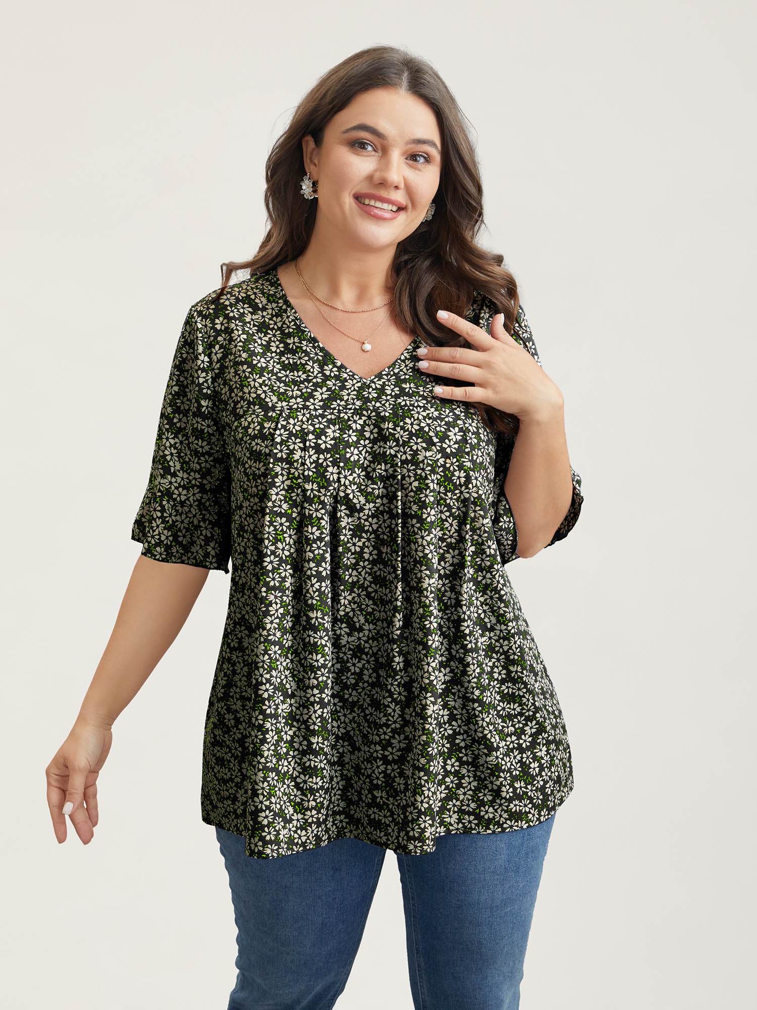 Ditsy Floral Pleated Flared Sleeve Shirt - Image 10