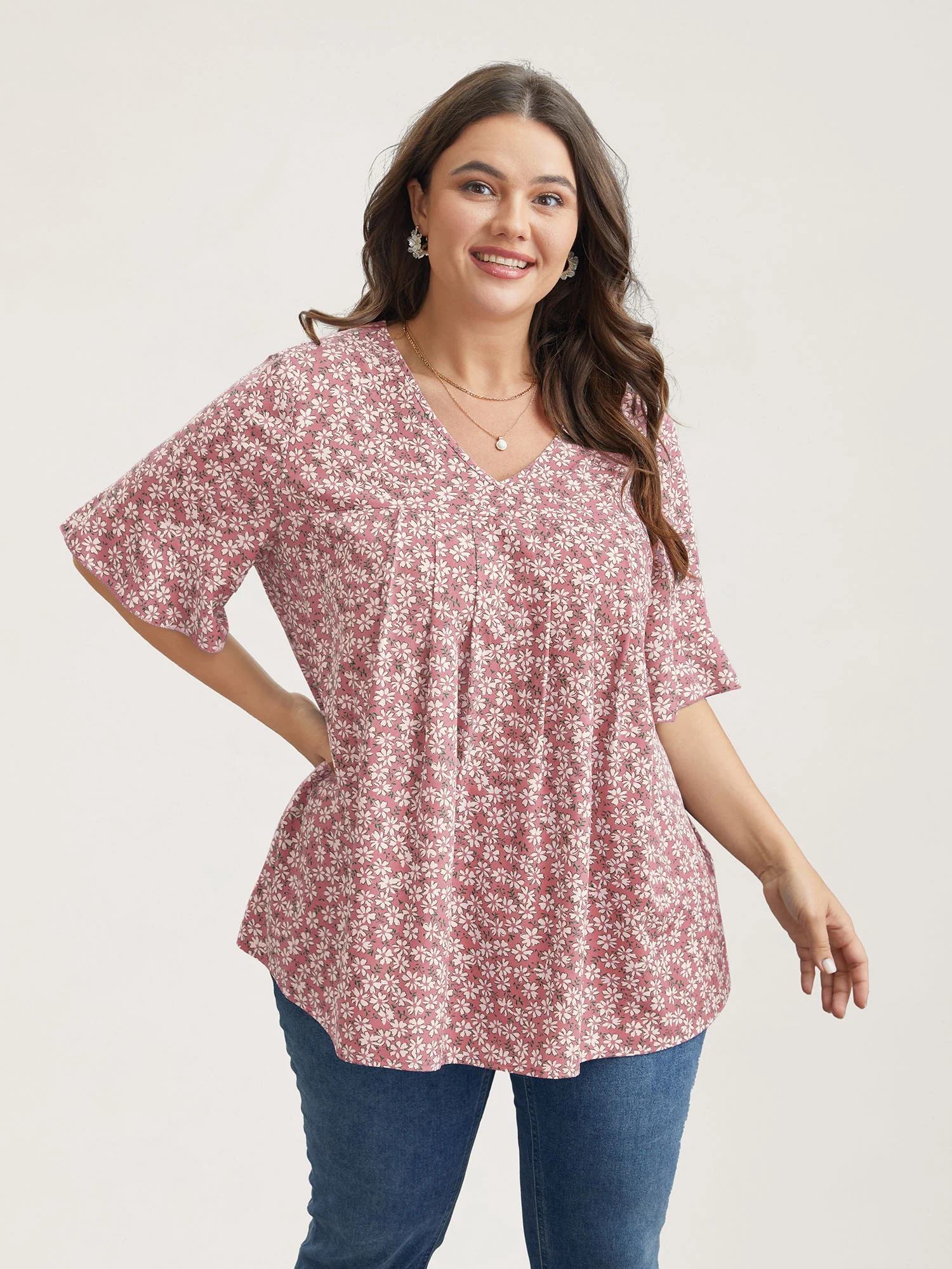 Ditsy Floral Pleated Flared Sleeve Shirt - Image 12