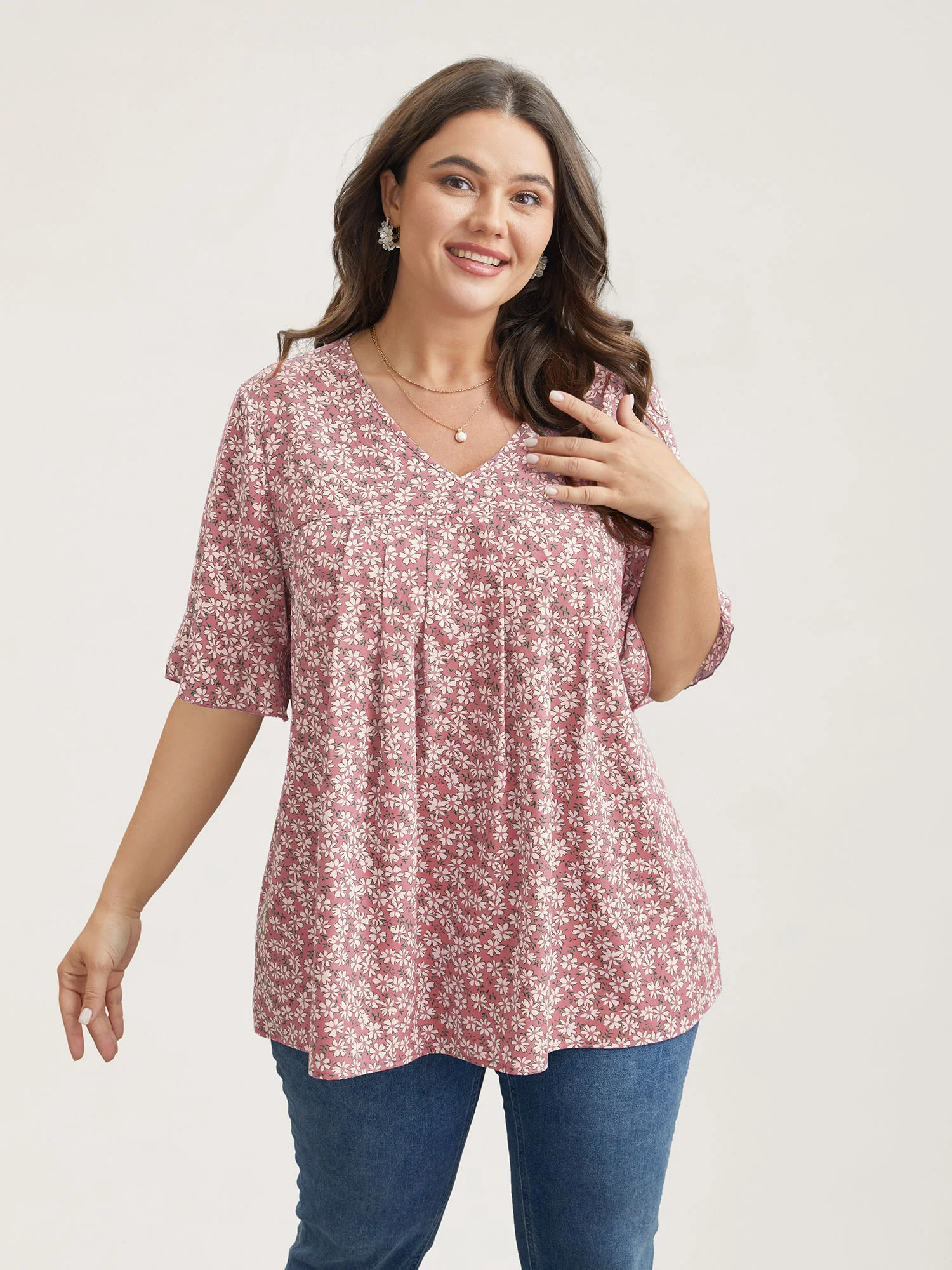 Ditsy Floral Pleated Flared Sleeve Shirt - Image 14
