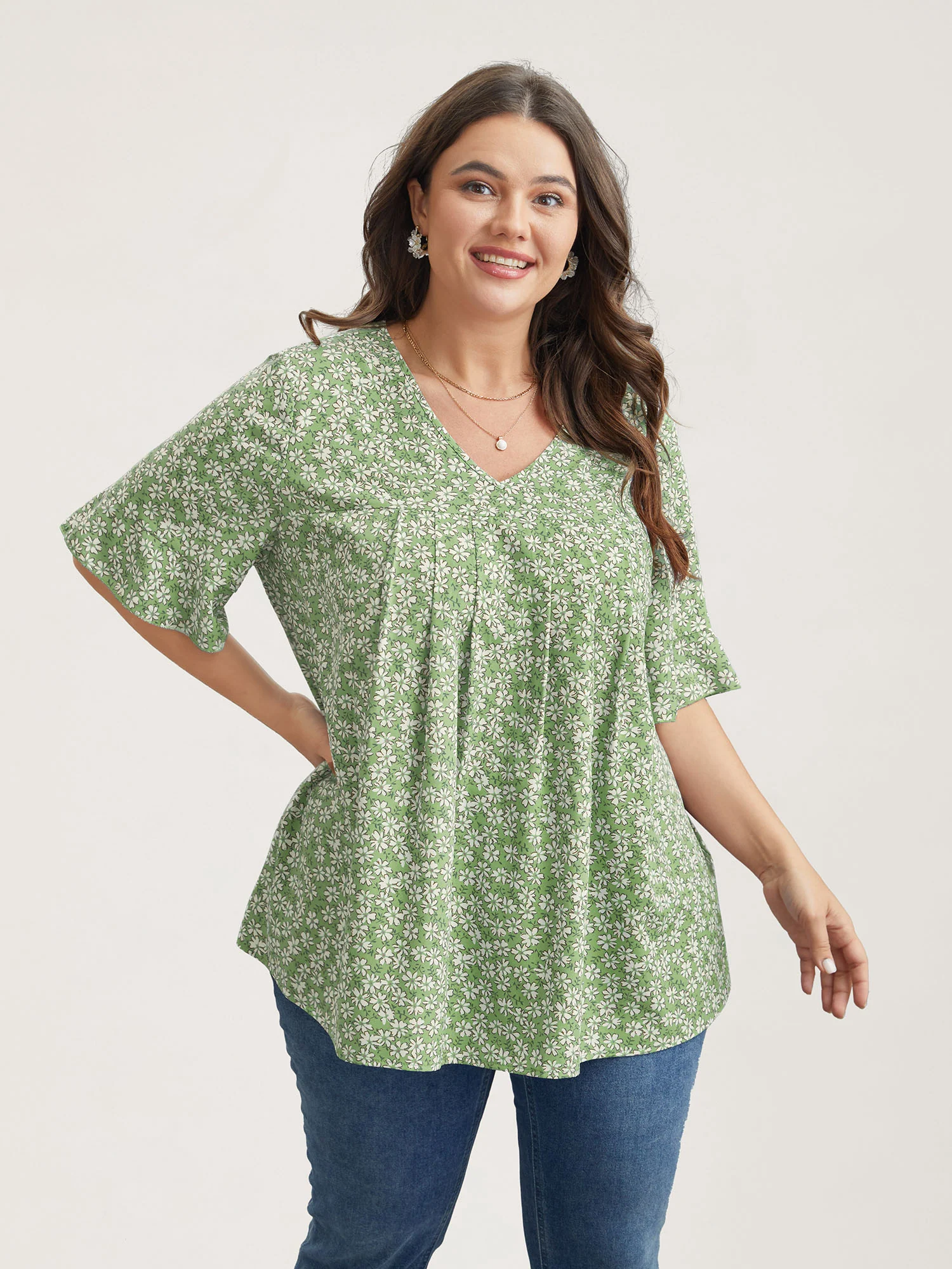 Ditsy Floral Pleated Flared Sleeve Shirt - Image 16