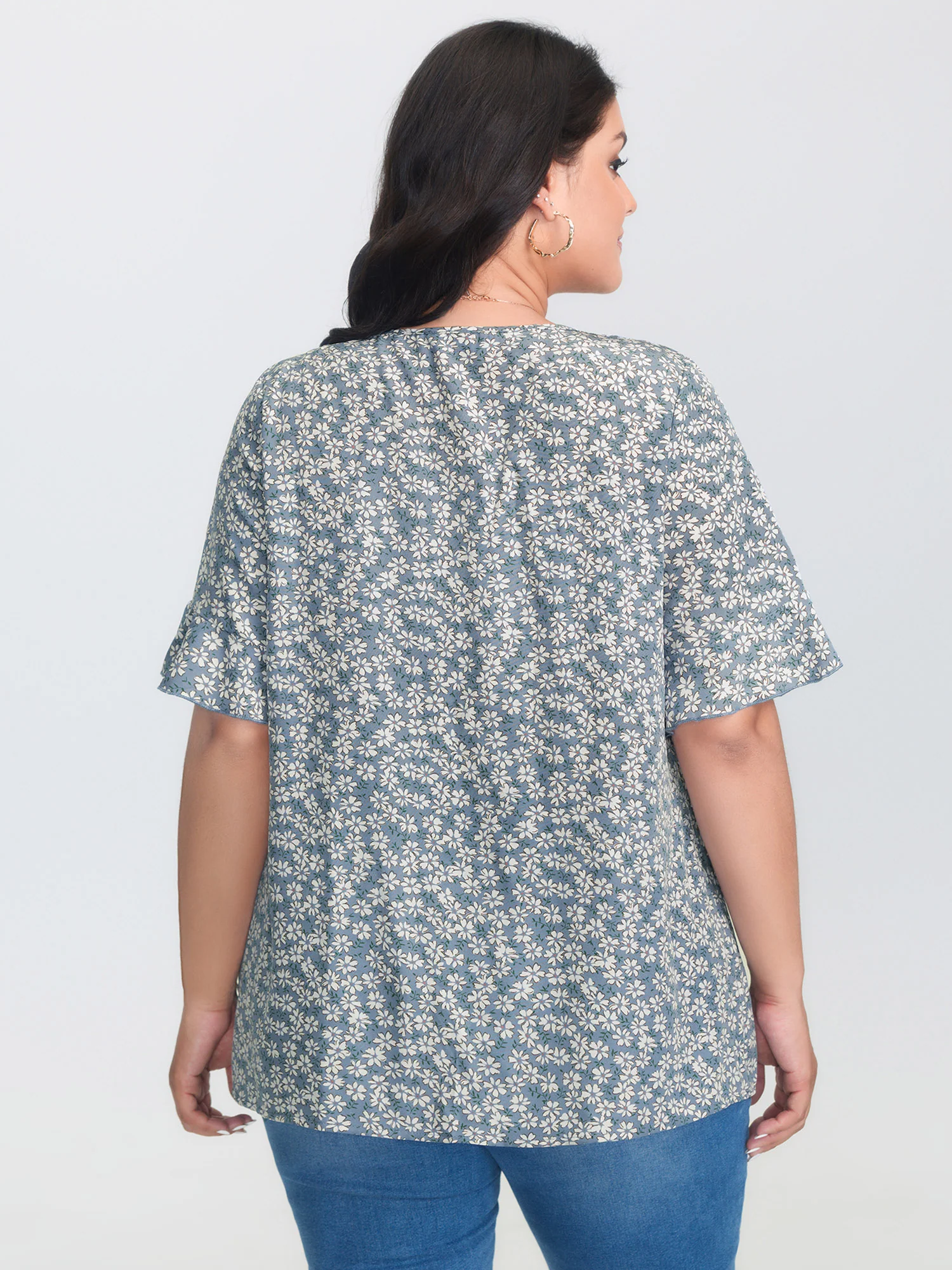 Ditsy Floral Pleated Flared Sleeve Shirt - Image 4