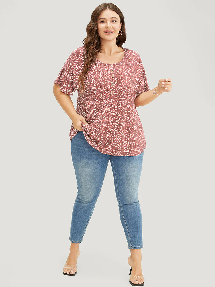 Ditsy Floral Pleated Front Button Detail Blouse - Image 2
