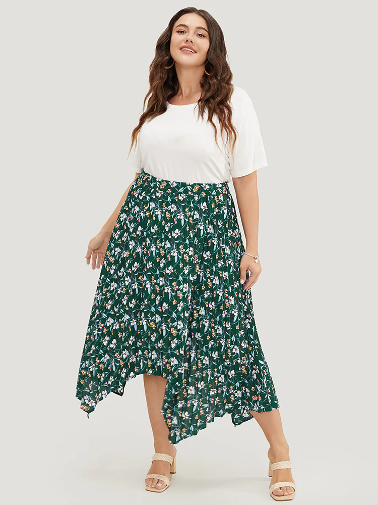 Ditsy Floral Pleated Hanky Hem Skirt - Image 3