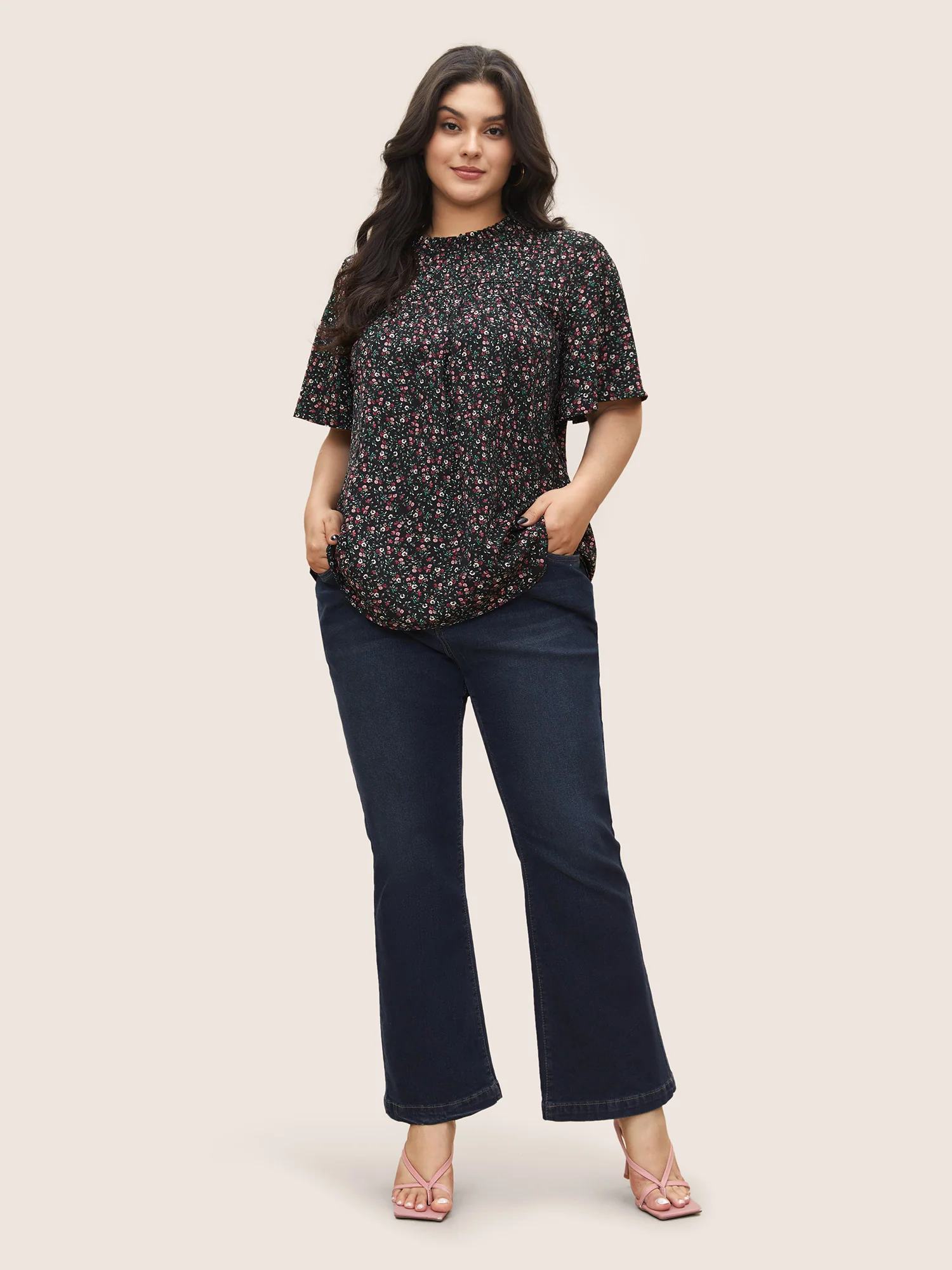 Ditsy Floral Plicated Detail Frill Trim Blouse - Image 2
