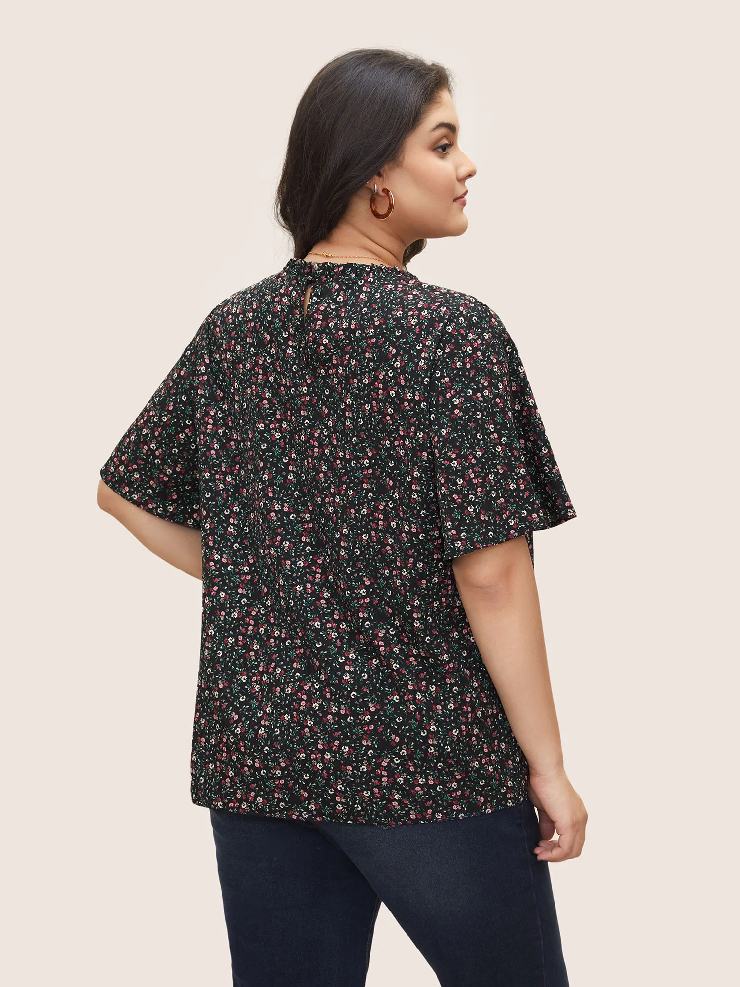 Ditsy Floral Plicated Detail Frill Trim Blouse - Image 4