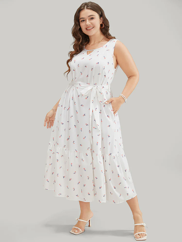 Ditsy Floral Pocket Belted Keyhole Neck Flutter Tank Dress - Image 3