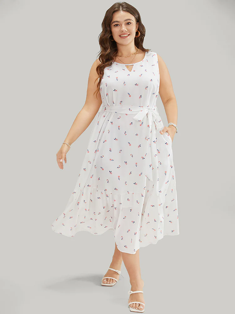 Ditsy Floral Pocket Belted Keyhole Neck Flutter Tank Dress - Image 4