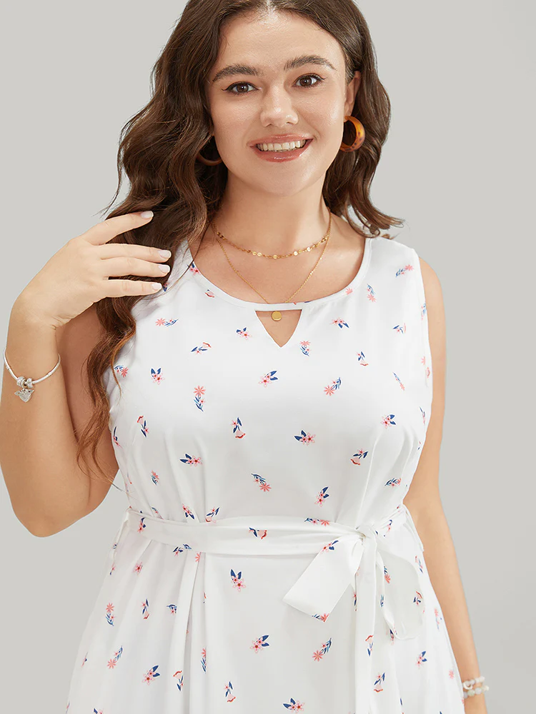 Ditsy Floral Pocket Belted Keyhole Neck Flutter Tank Dress - Image 5