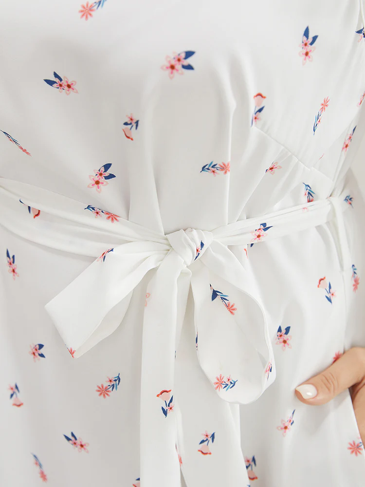 Ditsy Floral Pocket Belted Keyhole Neck Flutter Tank Dress - Image 7