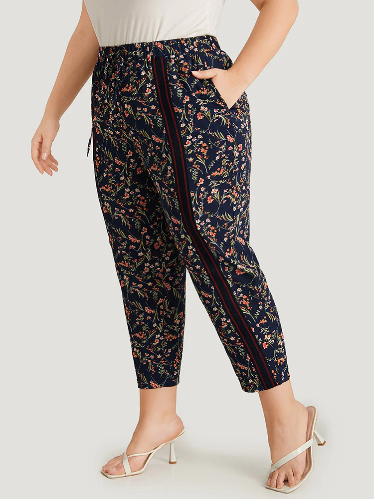 Ditsy Floral Pocket Elastic Waist Ties Patchwork Pants - Image 2