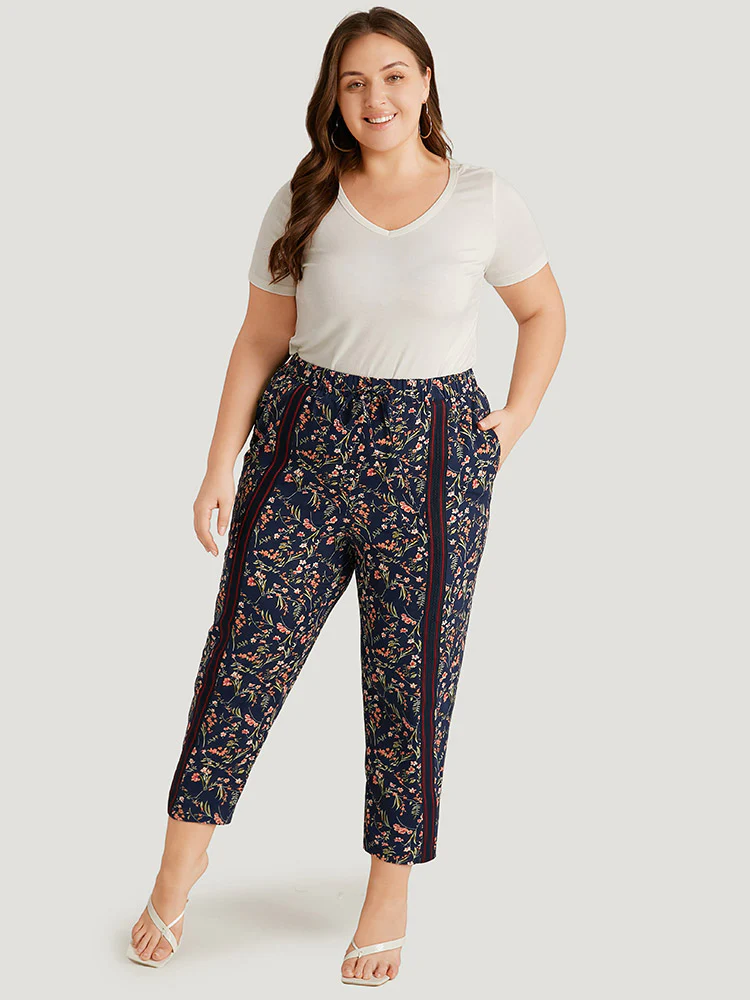 Ditsy Floral Pocket Elastic Waist Ties Patchwork Pants - Image 3
