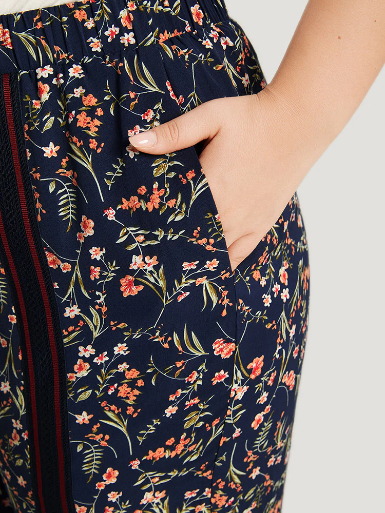 Ditsy Floral Pocket Elastic Waist Ties Patchwork Pants - Image 5