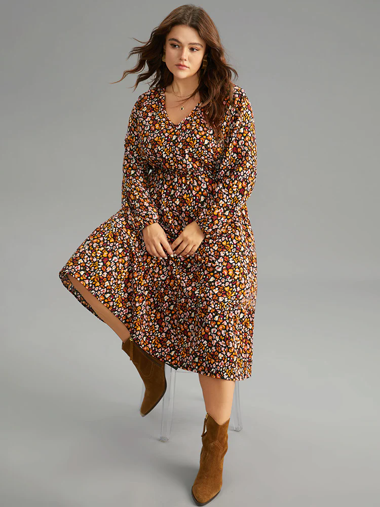 Ditsy Floral Pocket Lantern Sleeve Ruffle Hem Dress - Image 2