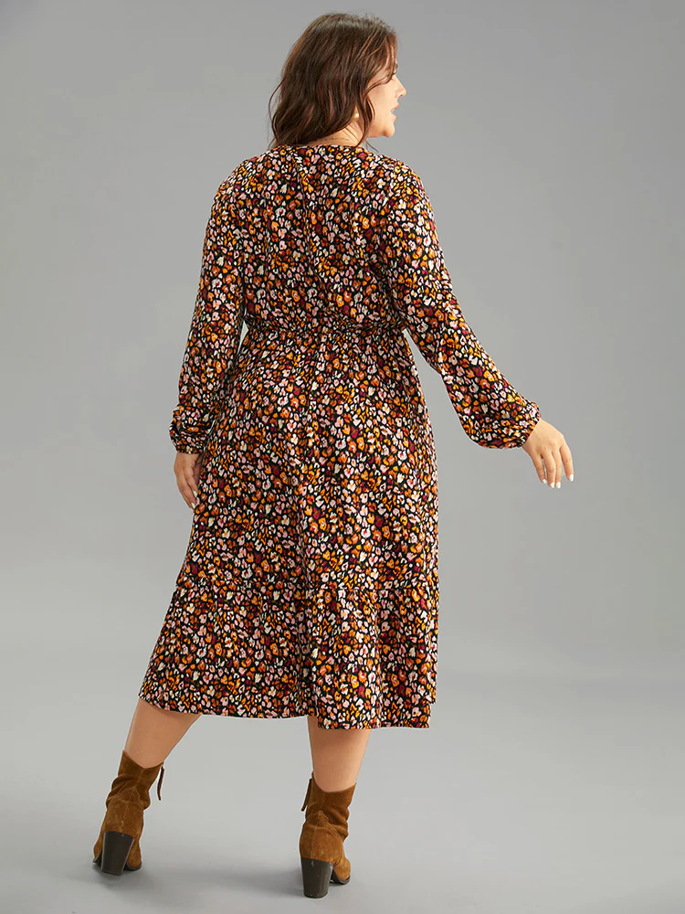 Ditsy Floral Pocket Lantern Sleeve Ruffle Hem Dress - Image 3