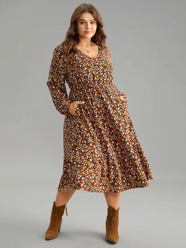 Ditsy Floral Pocket Lantern Sleeve Ruffle Hem Dress - Image 4