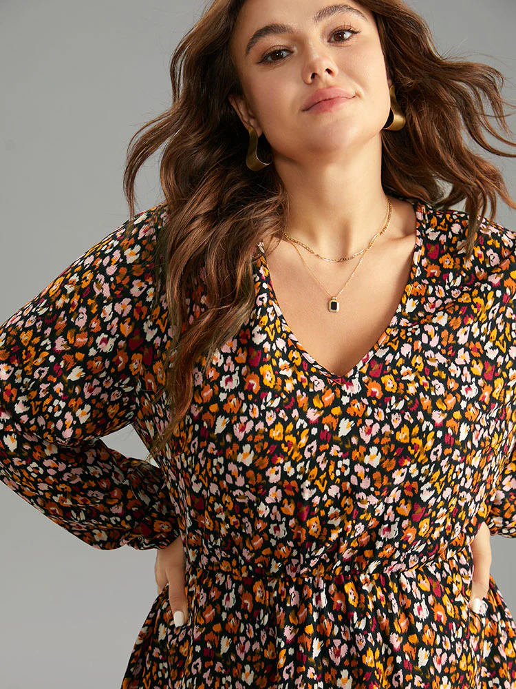 Ditsy Floral Pocket Lantern Sleeve Ruffle Hem Dress - Image 5