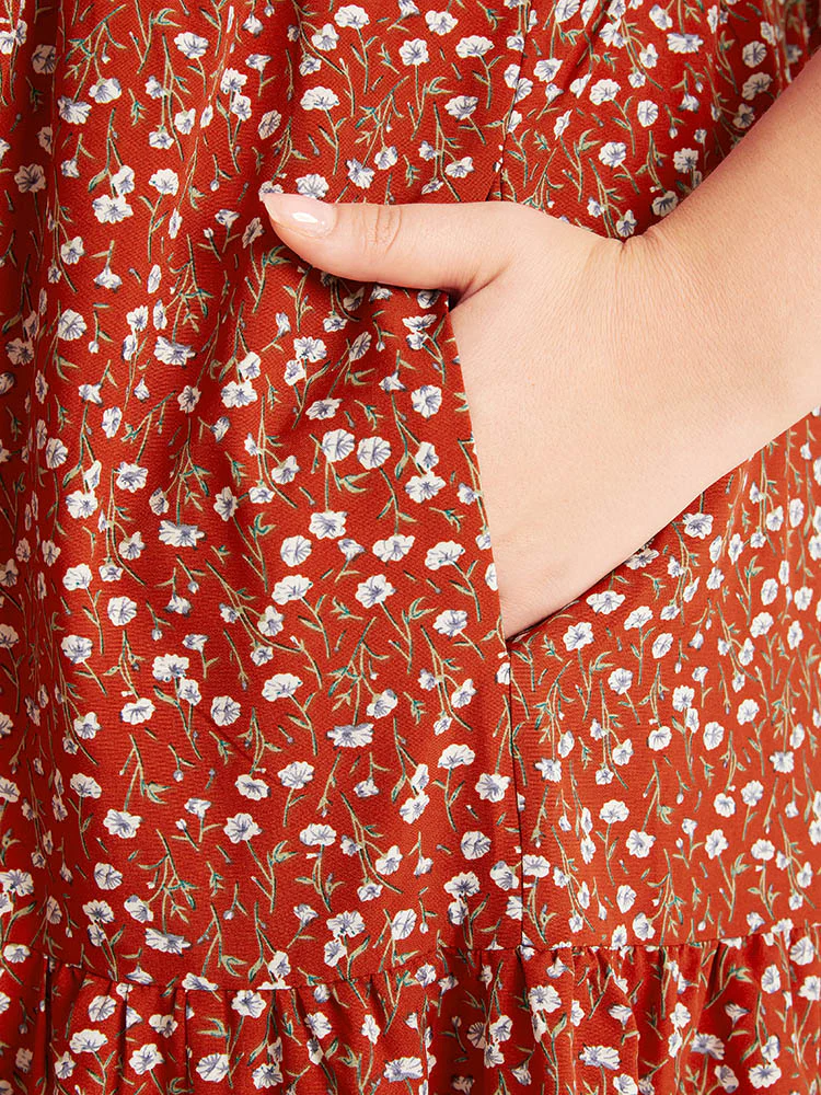 Ditsy Floral Pocket Layered Patchwork Crew Neck Dress - Image 12