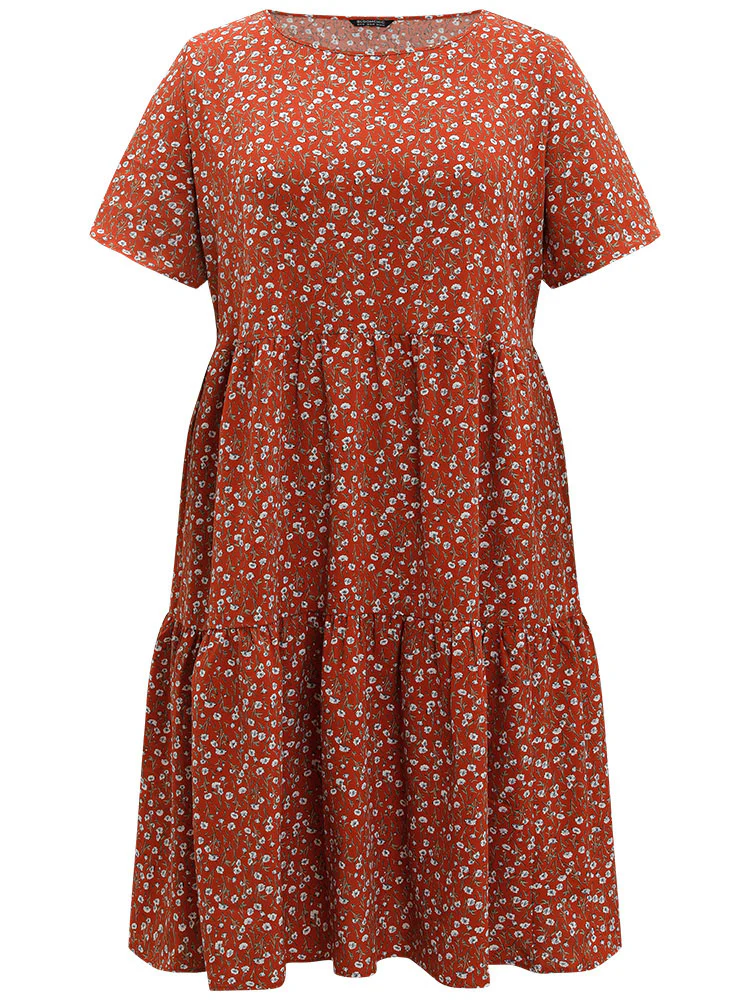 Ditsy Floral Pocket Layered Patchwork Crew Neck Dress - Image 13