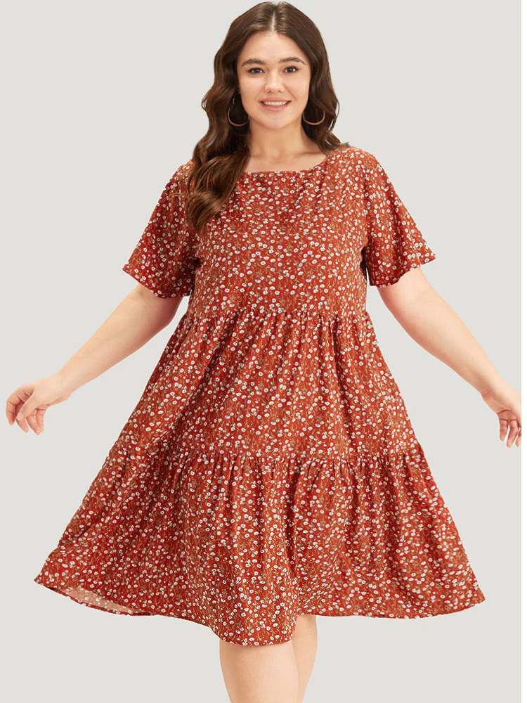 Ditsy Floral Pocket Layered Patchwork Crew Neck Dress - Image 5