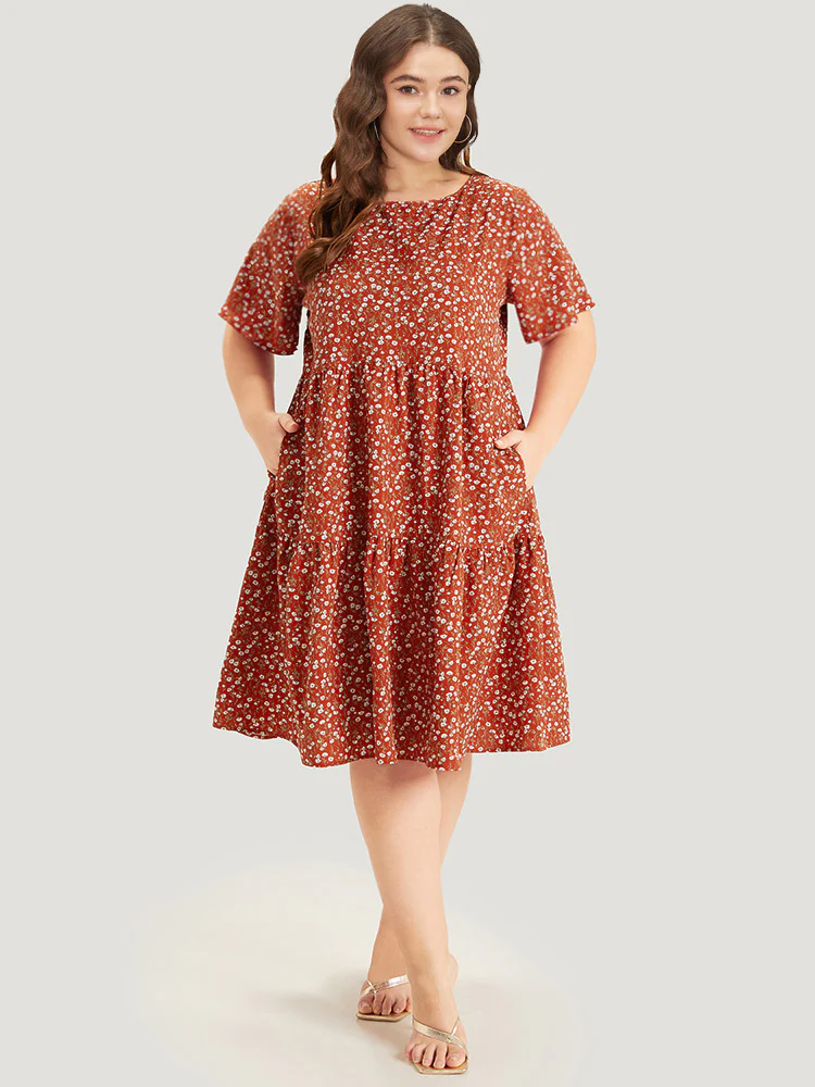 Ditsy Floral Pocket Layered Patchwork Crew Neck Dress - Image 6