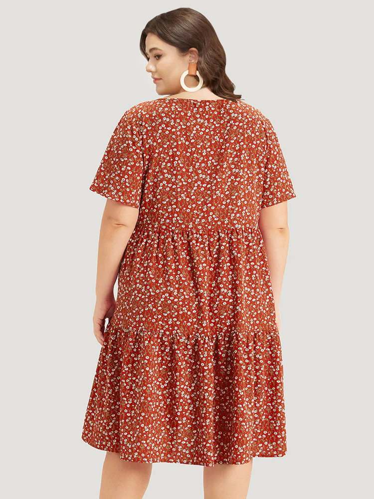 Ditsy Floral Pocket Layered Patchwork Crew Neck Dress - Image 7