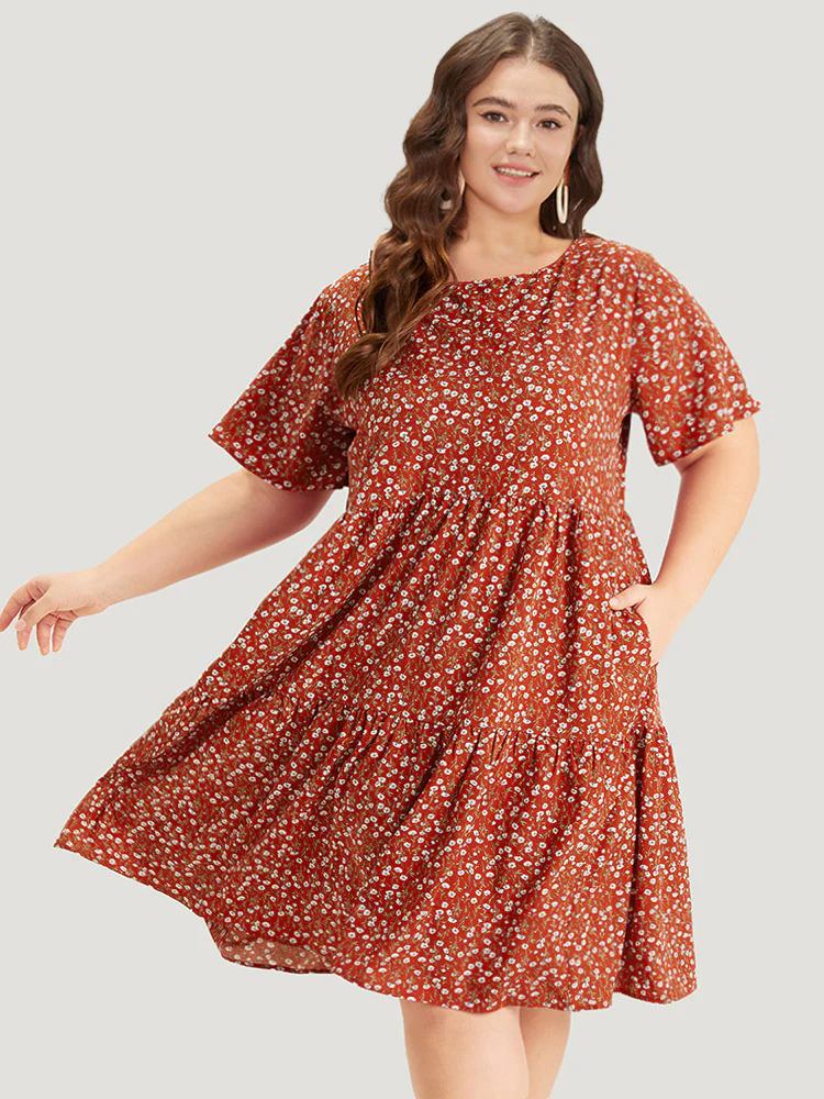 Ditsy Floral Pocket Layered Patchwork Crew Neck Dress - Image 8