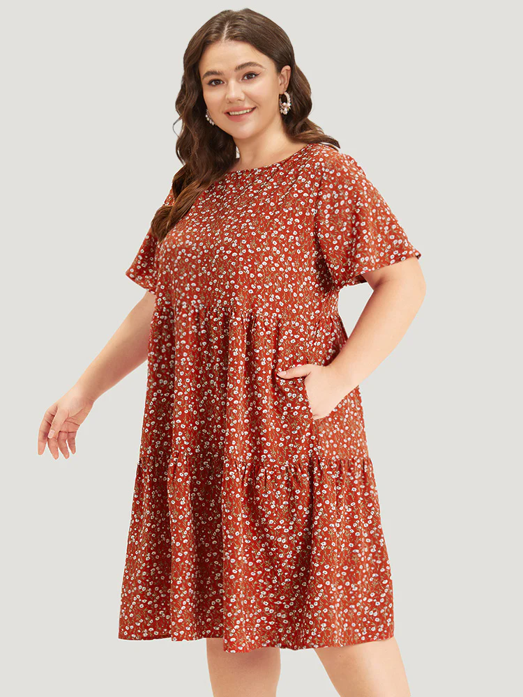 Ditsy Floral Pocket Layered Patchwork Crew Neck Dress - Image 9