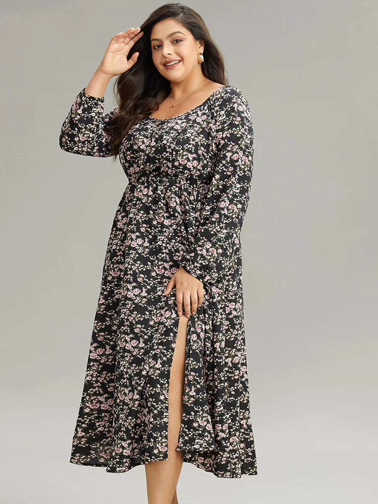 Ditsy Floral Pocket Plicated Detail Split Side Dress - Image 4