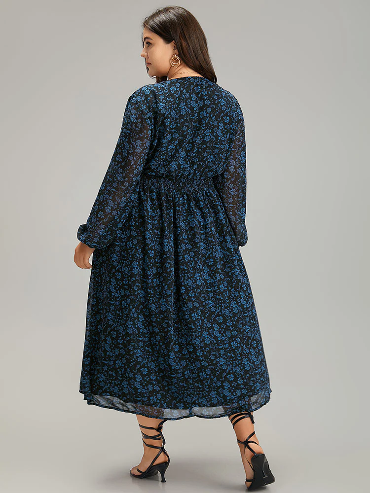 Chiffon Ditsy Floral Pocket Shirred Cuffs Dress - Image 2