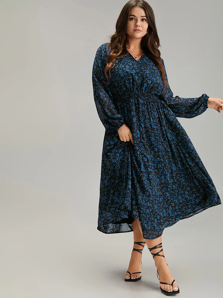 Chiffon Ditsy Floral Pocket Shirred Cuffs Dress - Image 3