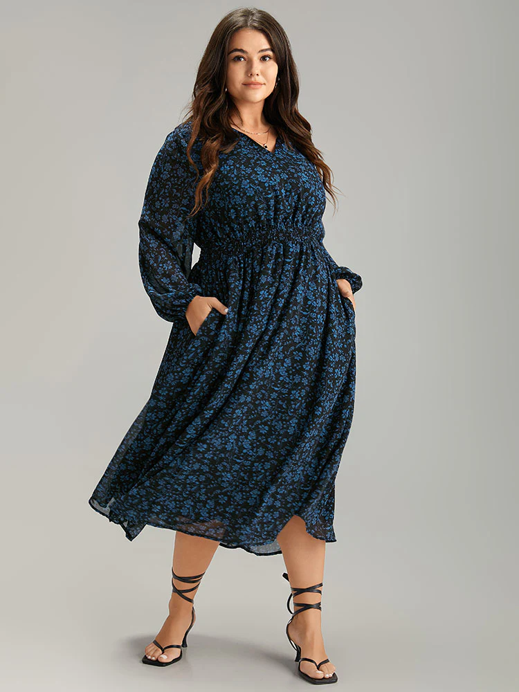 Chiffon Ditsy Floral Pocket Shirred Cuffs Dress - Image 4