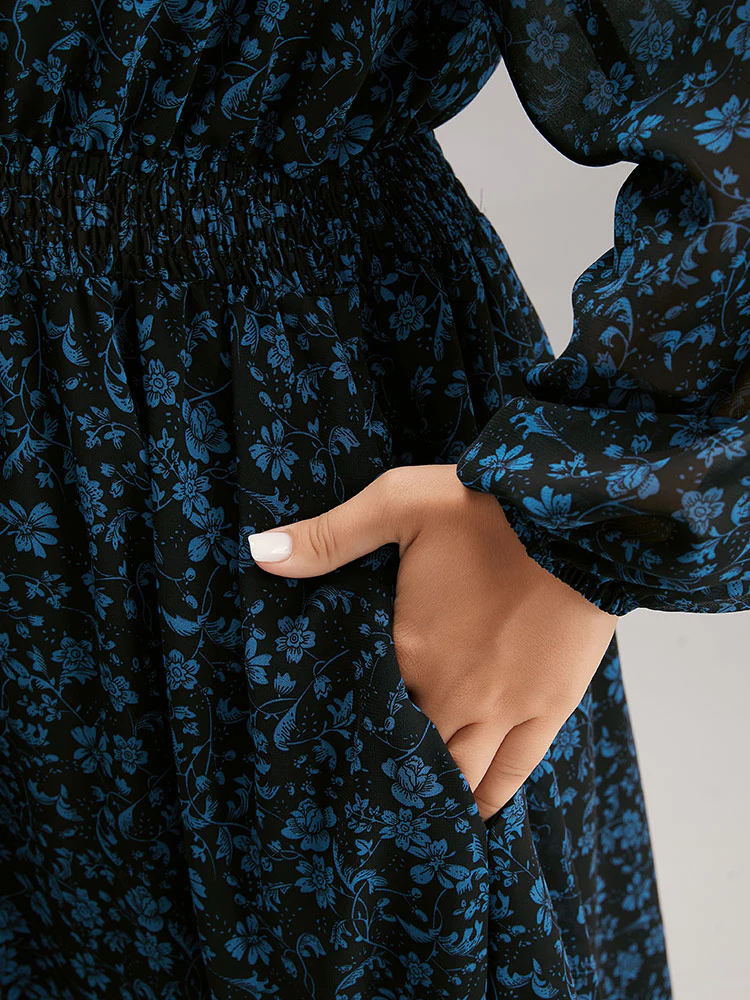 Chiffon Ditsy Floral Pocket Shirred Cuffs Dress - Image 6