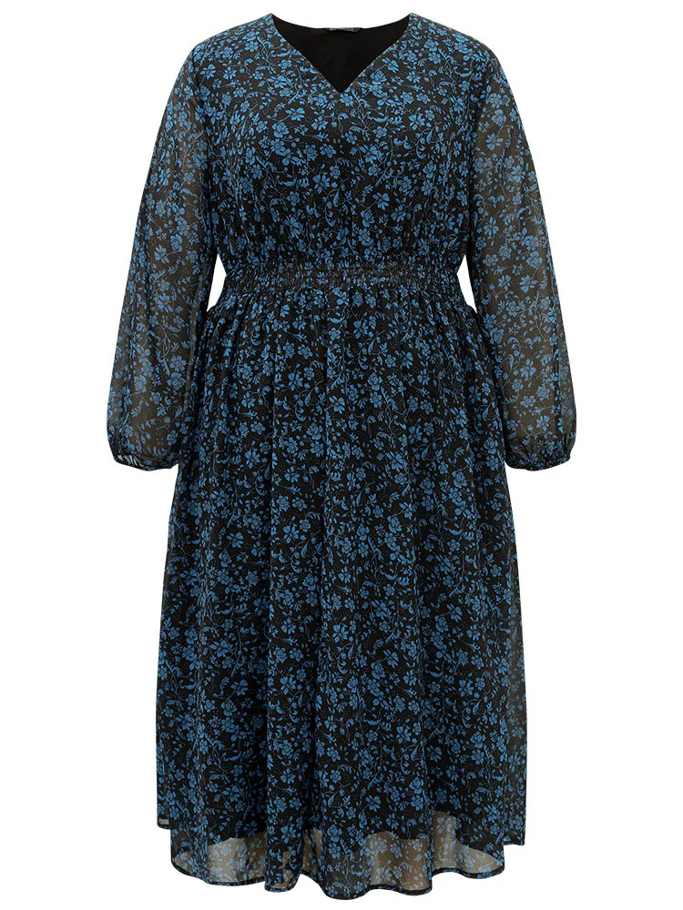 Chiffon Ditsy Floral Pocket Shirred Cuffs Dress - Image 7