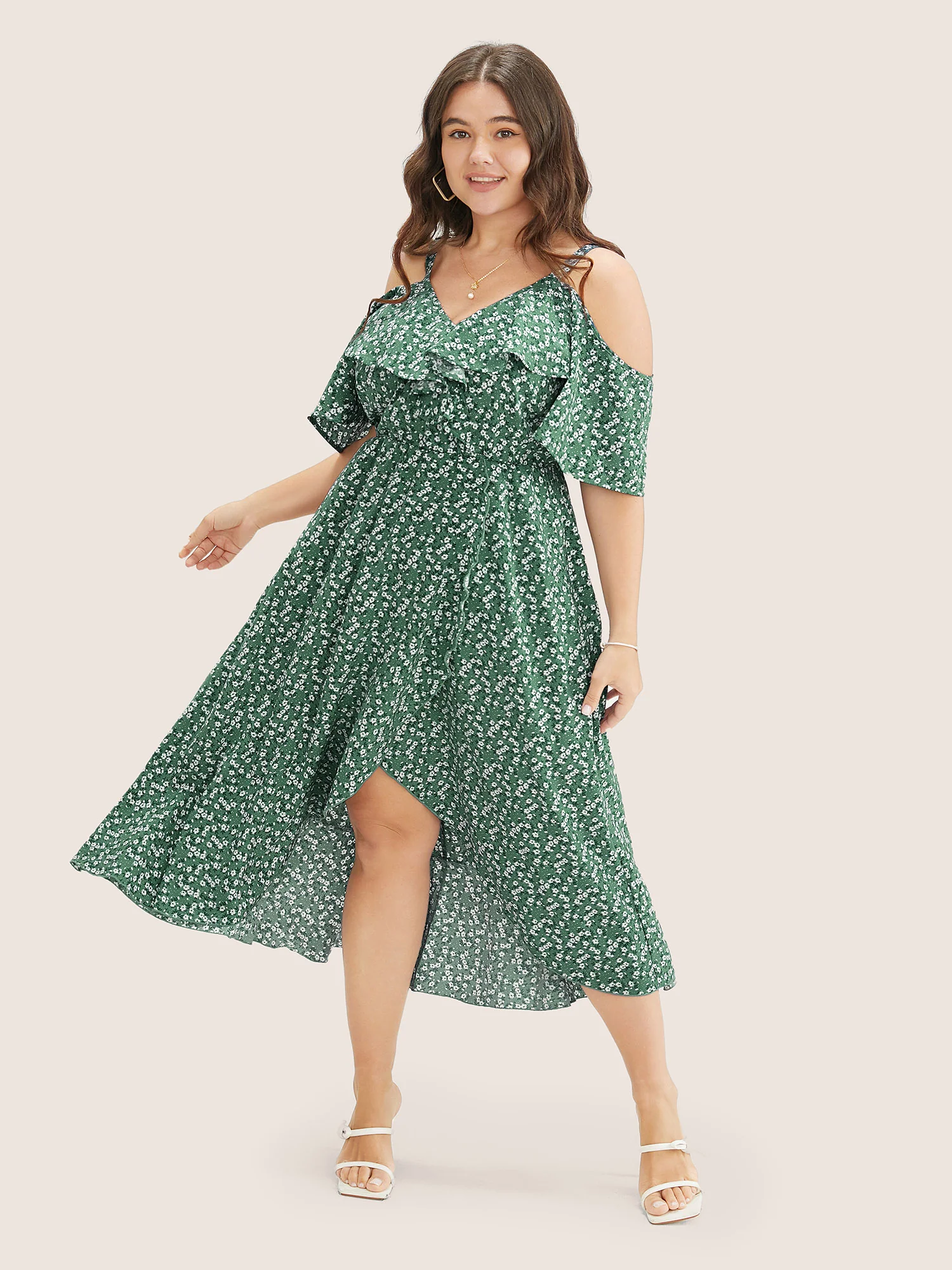 Ditsy Floral Pocket Wrap Cold Shoulder Ruffle Dress - Image 10