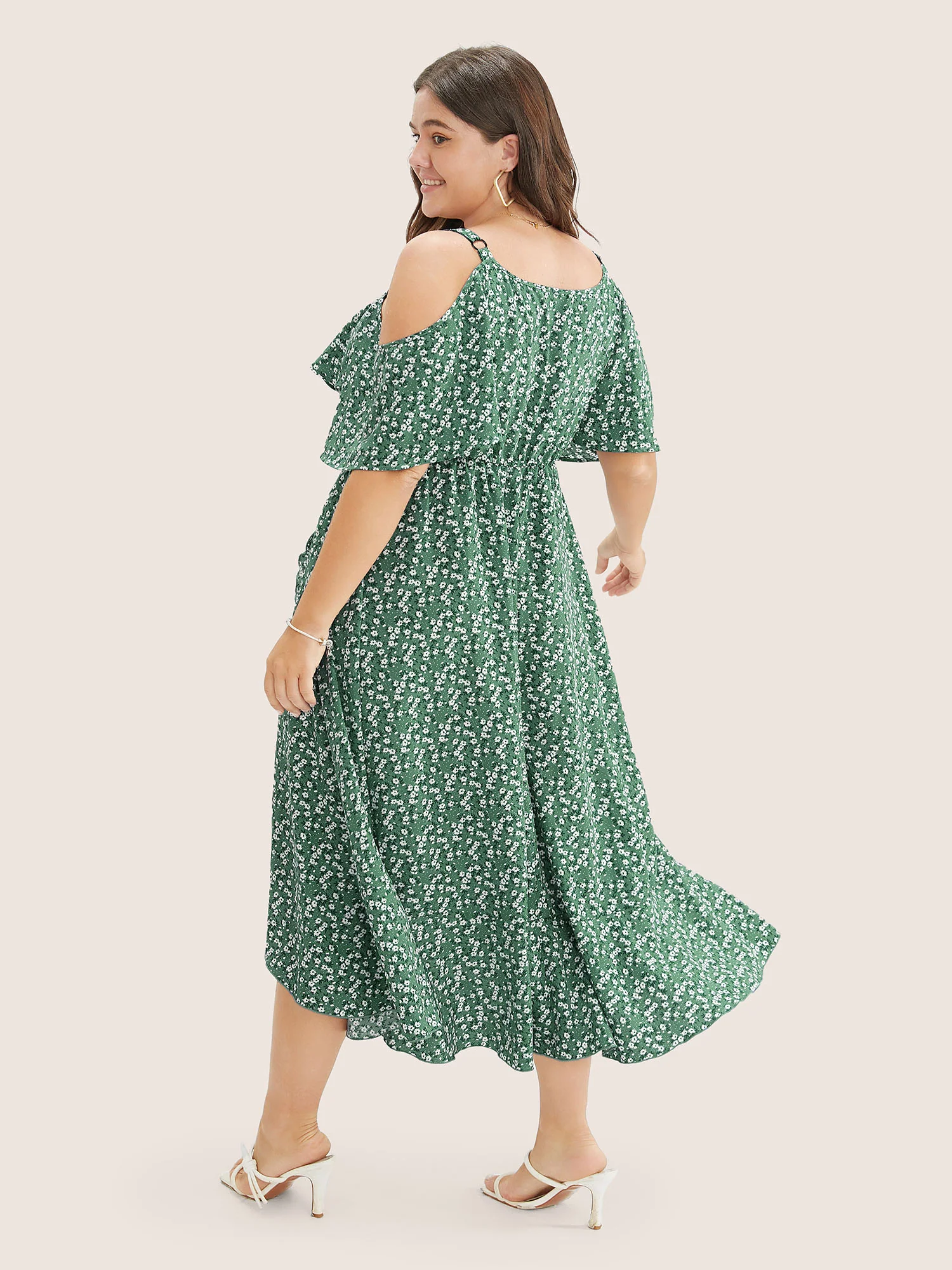Ditsy Floral Pocket Wrap Cold Shoulder Ruffle Dress - Image 11