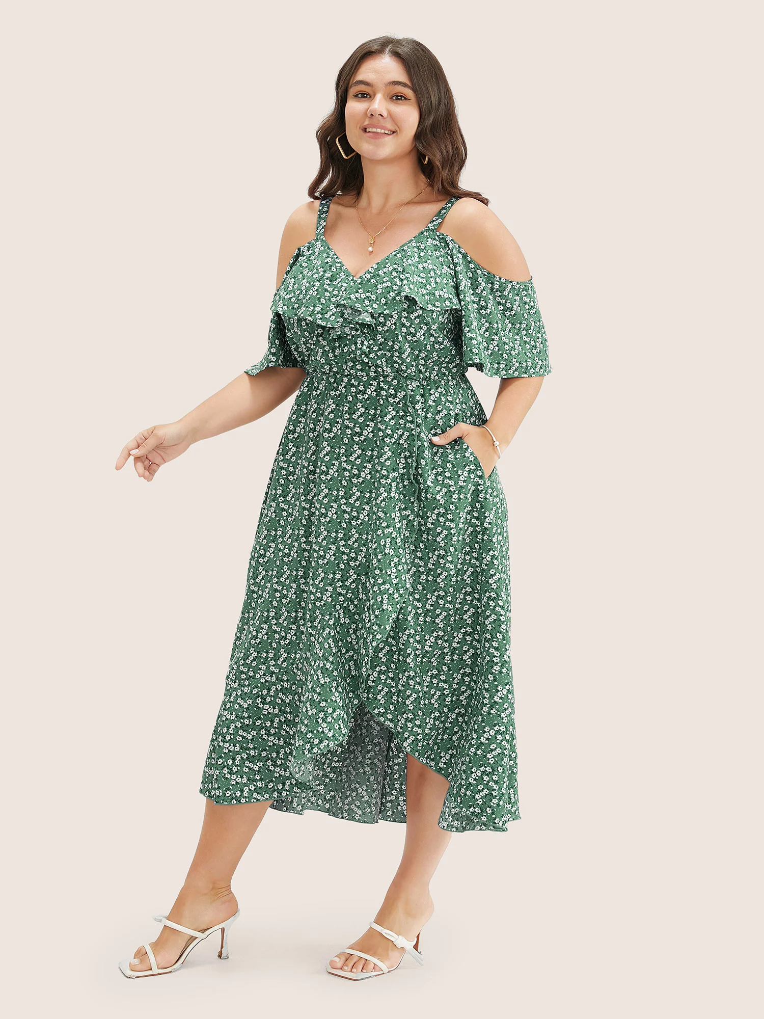 Ditsy Floral Pocket Wrap Cold Shoulder Ruffle Dress - Image 12